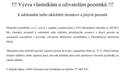 Výzva vlastníkům a uživatelům pozemků Malečská zemědělská, s.r.o.