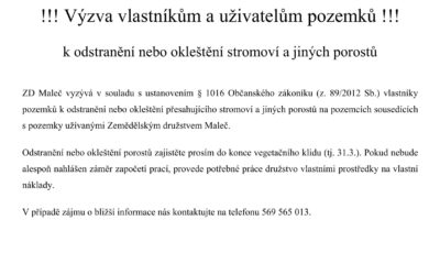 Výzva vlastníkům a uživatelům pozemků ZD Maleč